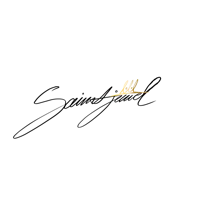 a gold logo on a black background